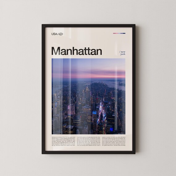 Manhattan New York Pink Twilight Aerial Skyline Editorial Travel Poster