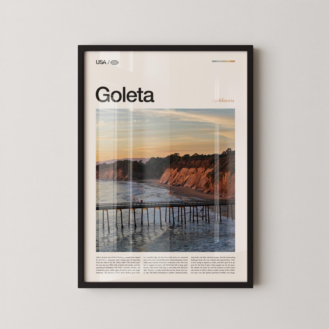 Goleta California Pier Cliffs Sunset Coastal Editorial Travel Poster