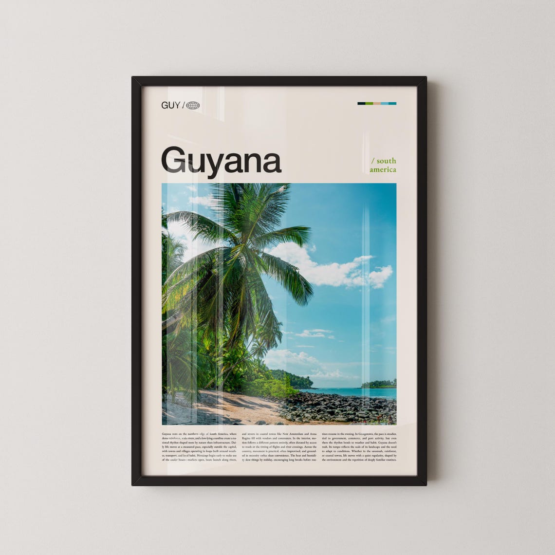 Guyana Caribbean Beach Palm Trees Blue Sky Travel Poster Artwork