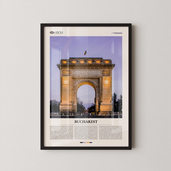 Bucharest Romania Arcul de Triumf Night Lights Bottom Title Travel Poster