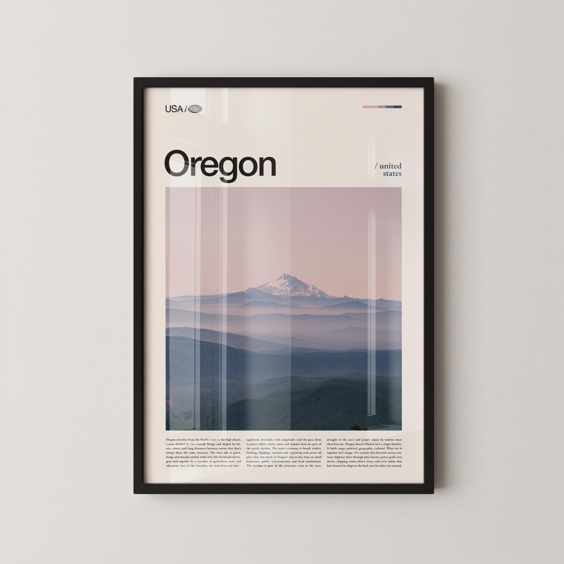 Minimalist Oregon Travel Poster With Bold Typography And Mountain Photo