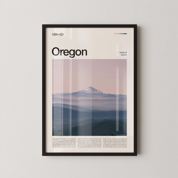 Minimalist Oregon Travel Poster With Bold Typography And Mountain Photo
