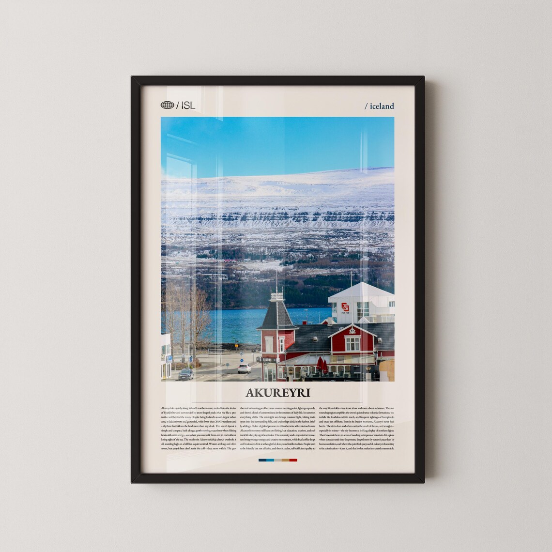Akureyri Iceland Snowy Mountain Town Editorial Travel Poster Artwork