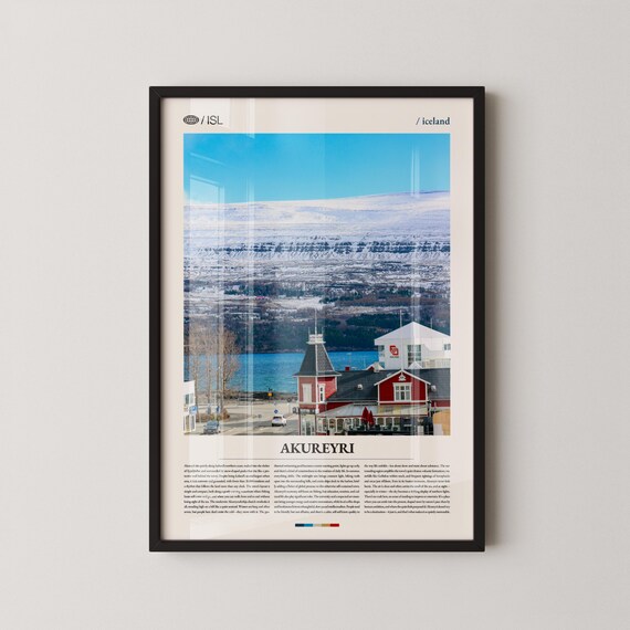 Akureyri Iceland Snowy Mountain Town Editorial Travel Poster Artwork