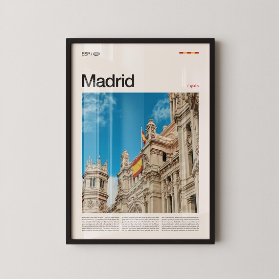 Madrid Spain Historic Facade Spanish Flag Editorial Travel Art Poster