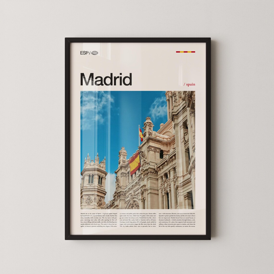 Madrid Spain Historic Facade Spanish Flag Editorial Travel Art Poster