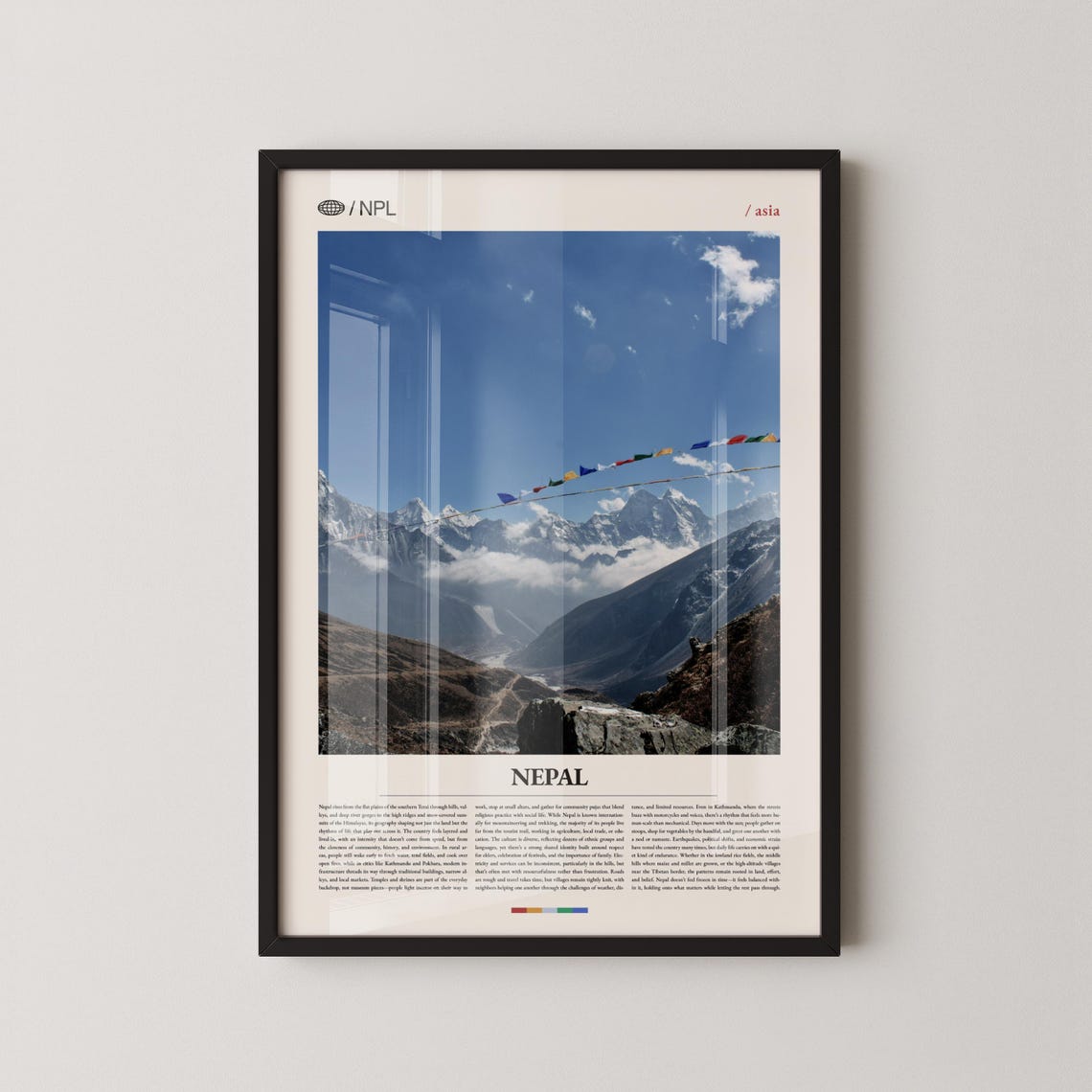 Nepal Himalayan Valley Travel Poster with Prayer Flags and Snow Peaks