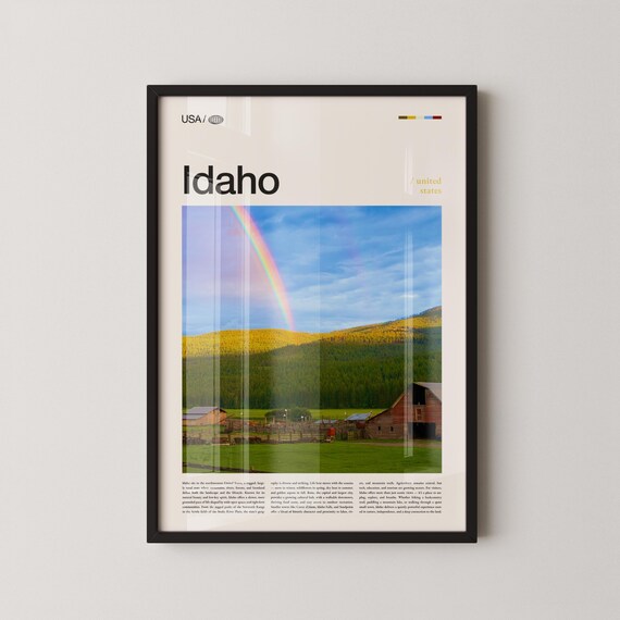 Idaho Rainbow Over Barn Farm Rolling Hills Vintage Travel Poster