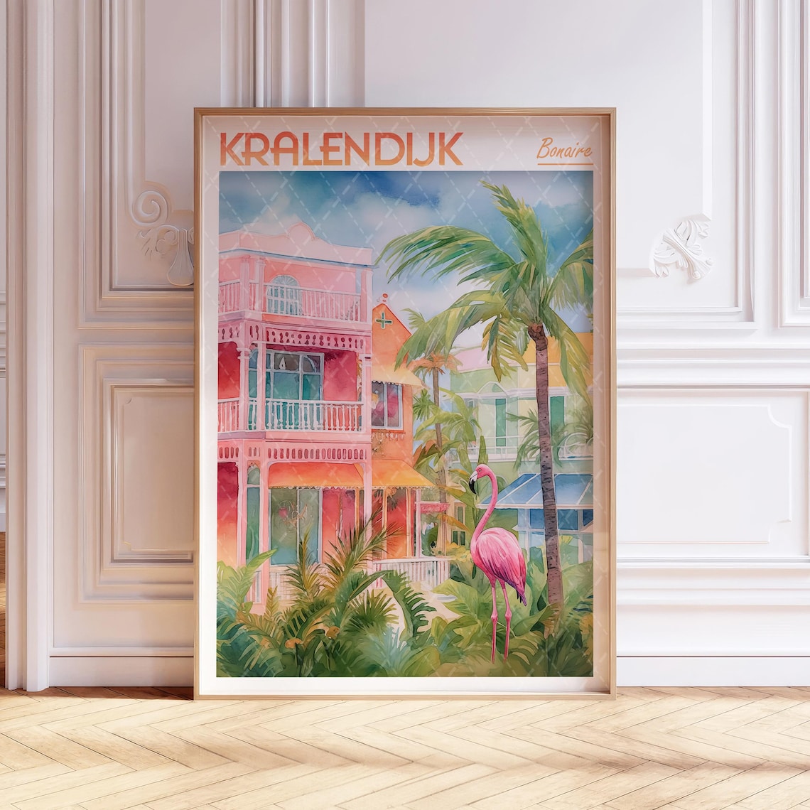 Kralendijk Bonaire Travel Poster Pink Architecture Palm And Flamingo