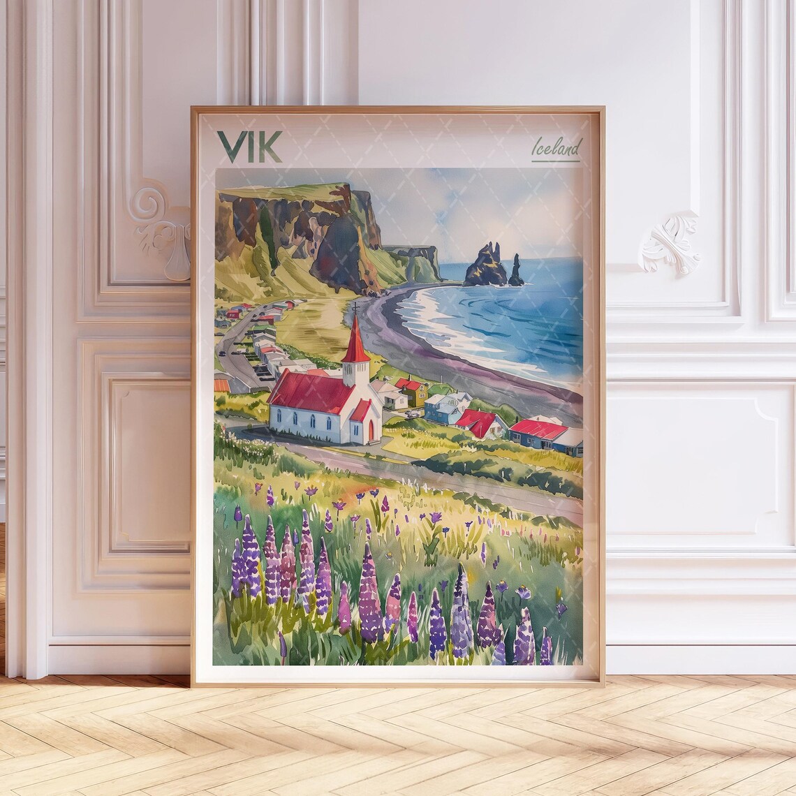 Vik Watercolor Poster, Iceland Travel City