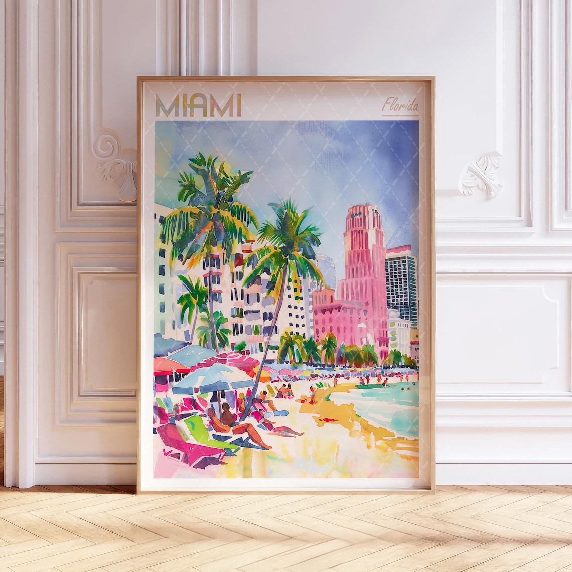 Miami Florida Beach Art Deco Palms Colorful Watercolor Travel Poster
