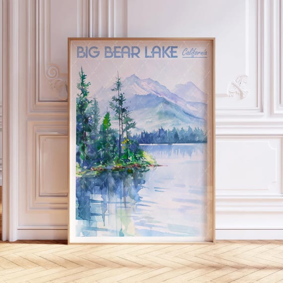 Big Bear Lake Watercolor Poster Travel Art Colorful Wall Decor United States Print Pastel Colors