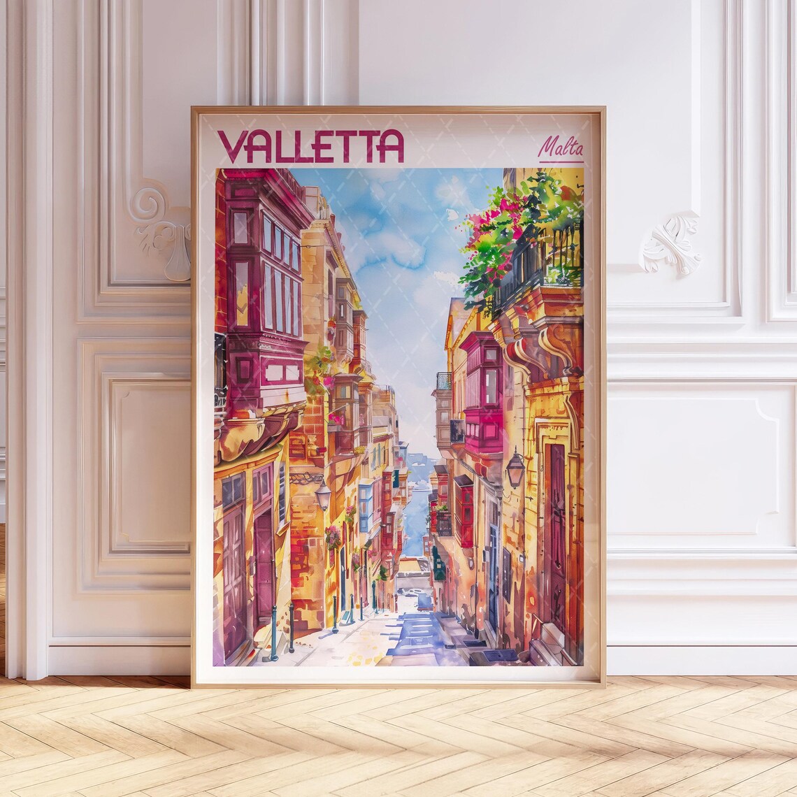 Historic Valletta Malta Colorful Street Balconies Watercolor Poster