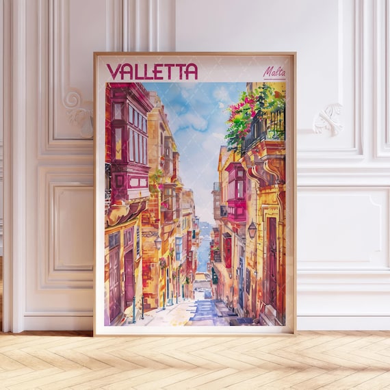Historic Valletta Malta Colorful Street Balconies Watercolor Poster
