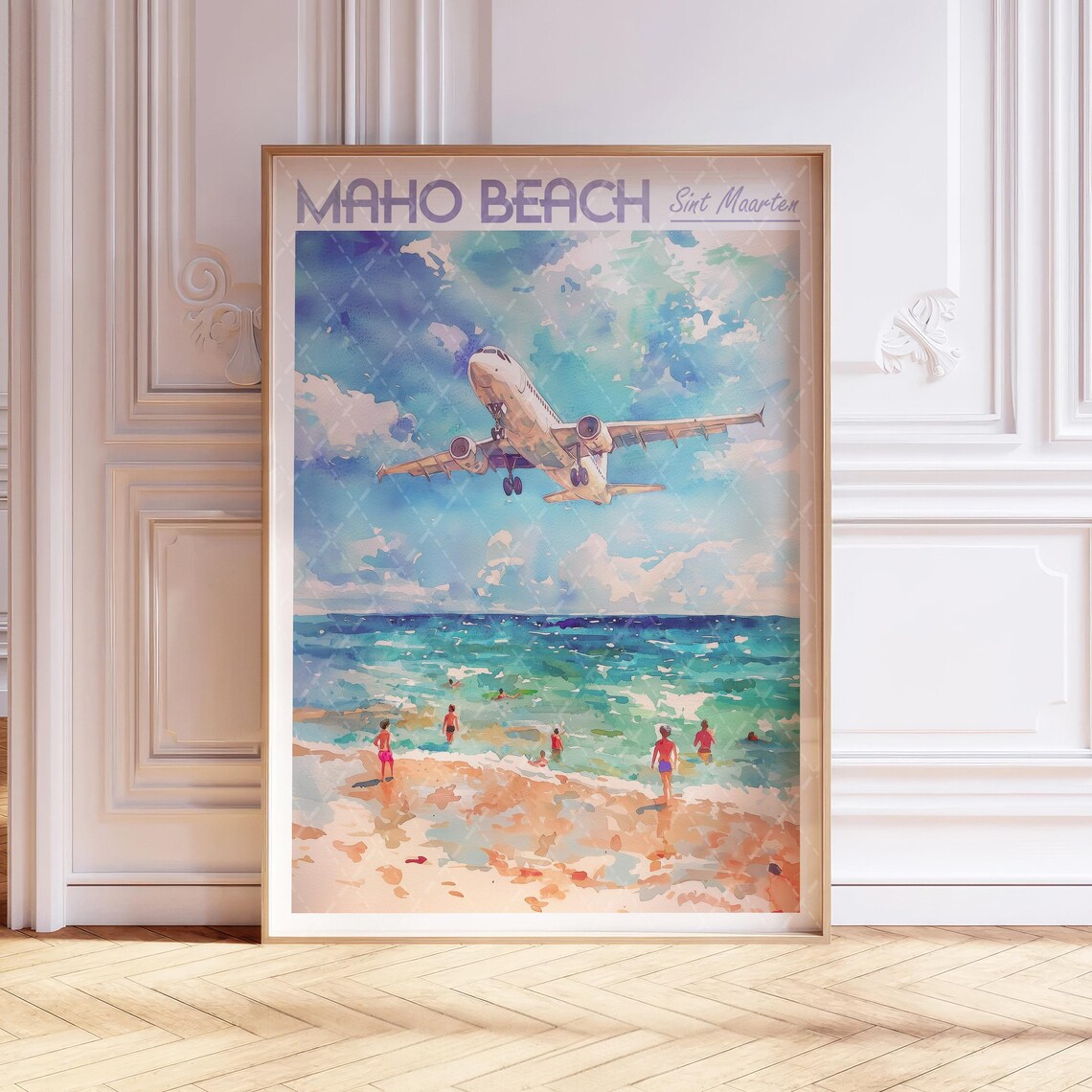 Maho Beach Watercolor Travel Poster, Sint Maarten