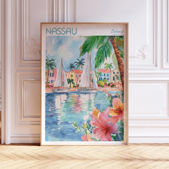 Nassau Bahamas Harbor Sailboats Palms Watercolor Travel Poster