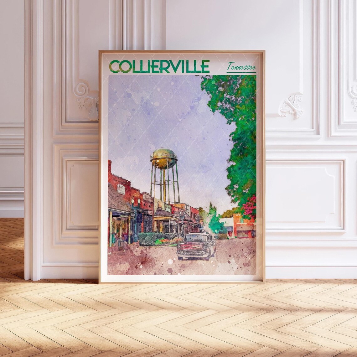 Collierville Tennessee Watercolor Travel Art Water Tower Main Street Poster