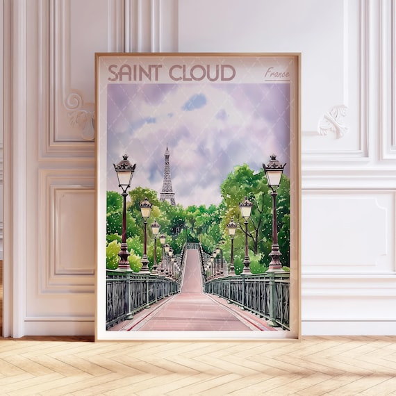Saint Cloud France Watercolor Eiffel Tower Bridge Lamps Travel Poster