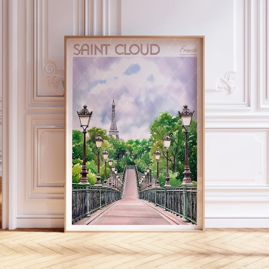 Saint Cloud France Watercolor Eiffel Tower Bridge Lamps Travel Poster