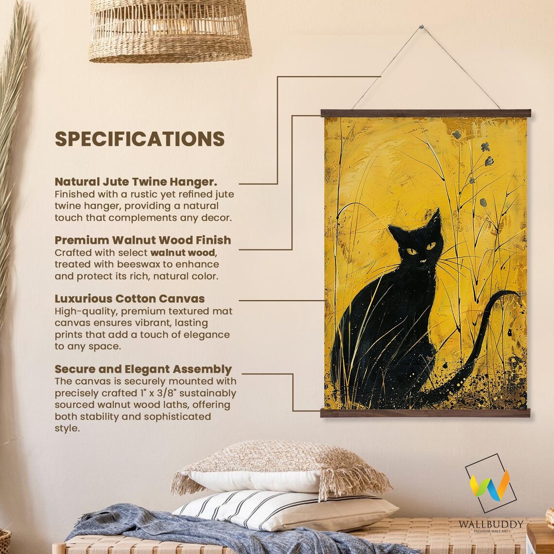 Black Cat Sitting In Golden Wheatfield Yellow Boho Art Wall Hanging Poster - Image 2