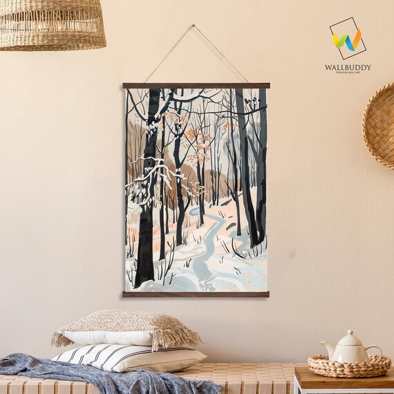 Snowy Winter Forest Path Minimalist Nature Illustration Wall Art