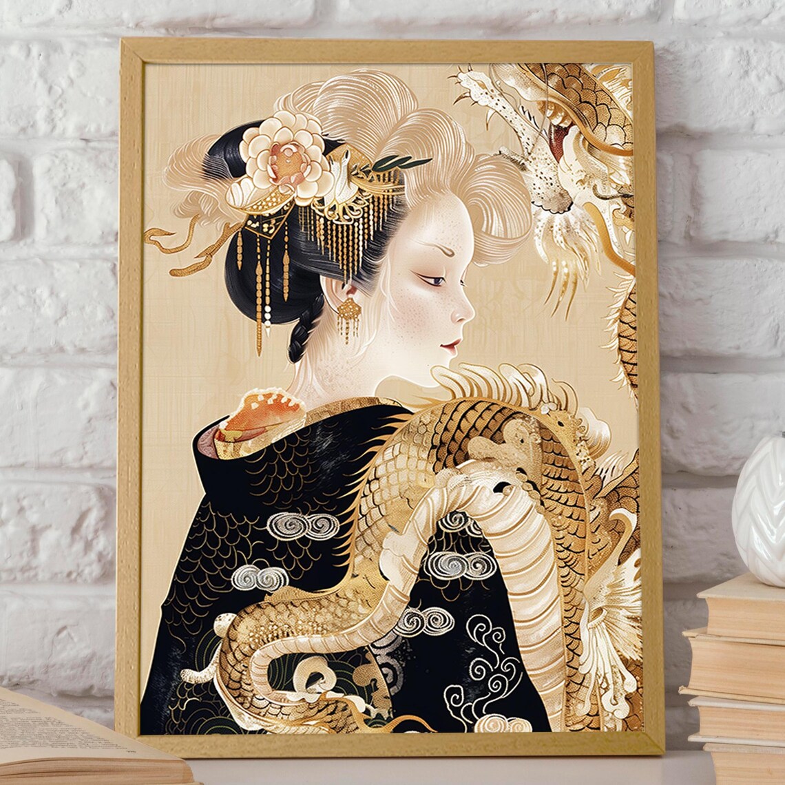 Golden Dragon Geisha, Japanese Kimono Wall Art - Image 2