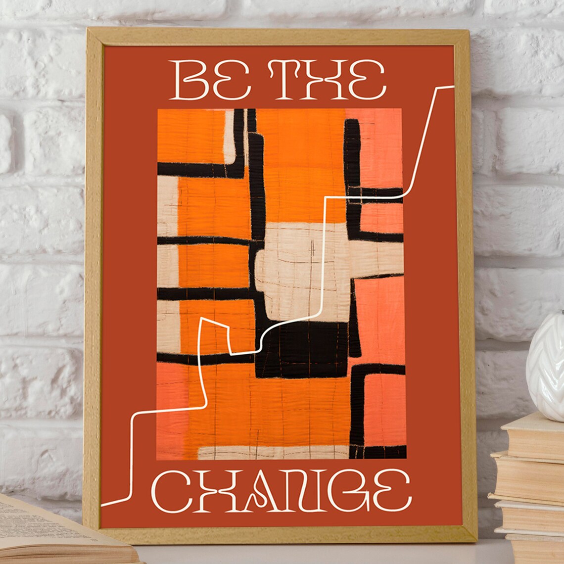 Be The Change Quote Wall Art Motivational Orange Themed Room Decor Inspirational Home Office Decor - Image 2