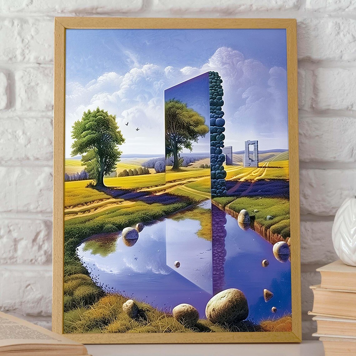 Surreal Mirrored Portal Door in Rolling Meadow Landscape Art Print - Image 2