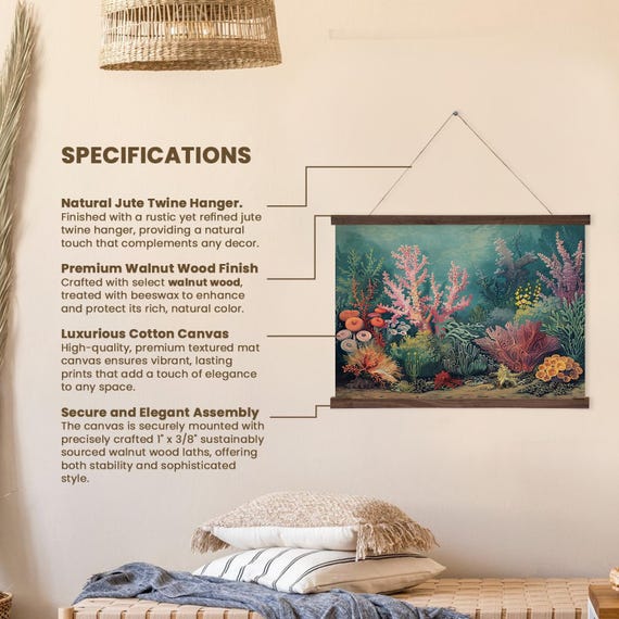 Retro Coral Reef Wall Hanging Ocean Life Underwater Scene Art Home Decor Printed On Premium With Real Walnut Wooden Hangers