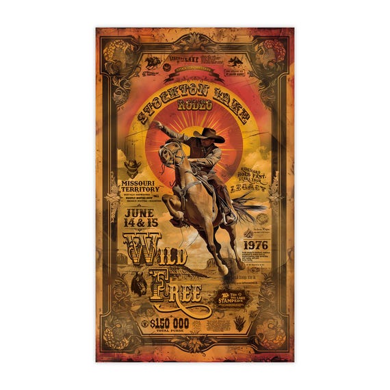Stockton Lake Rodeo Poster Retro Cowboy Western Art Print For Rustic Wall Decor Missouri Territory Event Wall Art Print