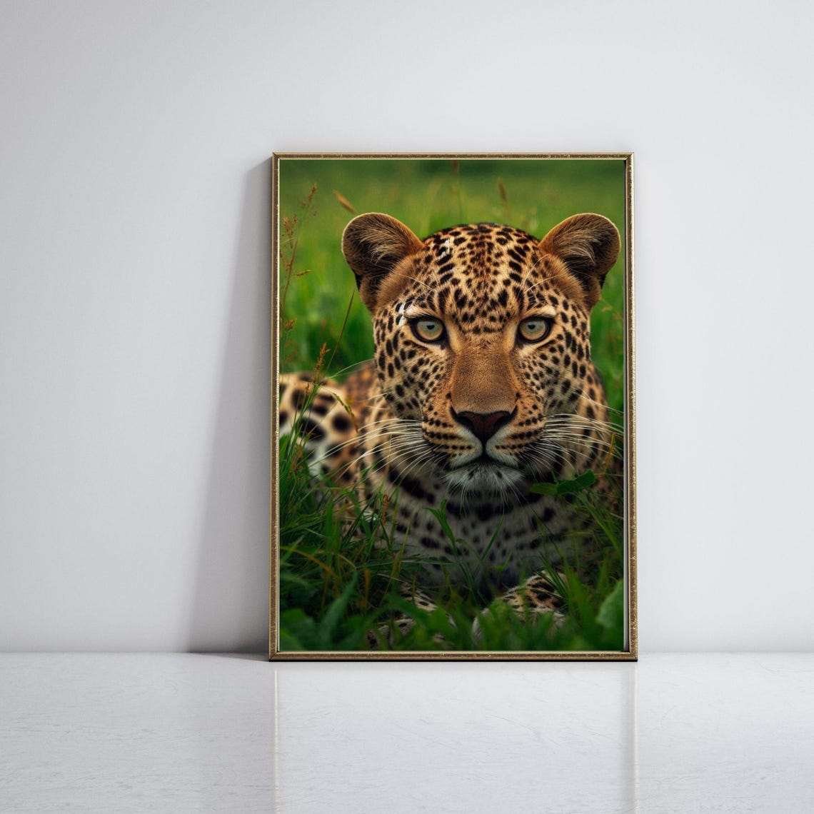 Intense Leopard Staring Through Tall Green Grass Wildlife Poster - Image 2