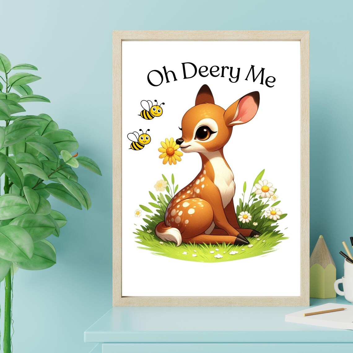Oh Deery Me Cute Baby Fawn With Daisy And Bees Kids Nursery Poster - Image 2