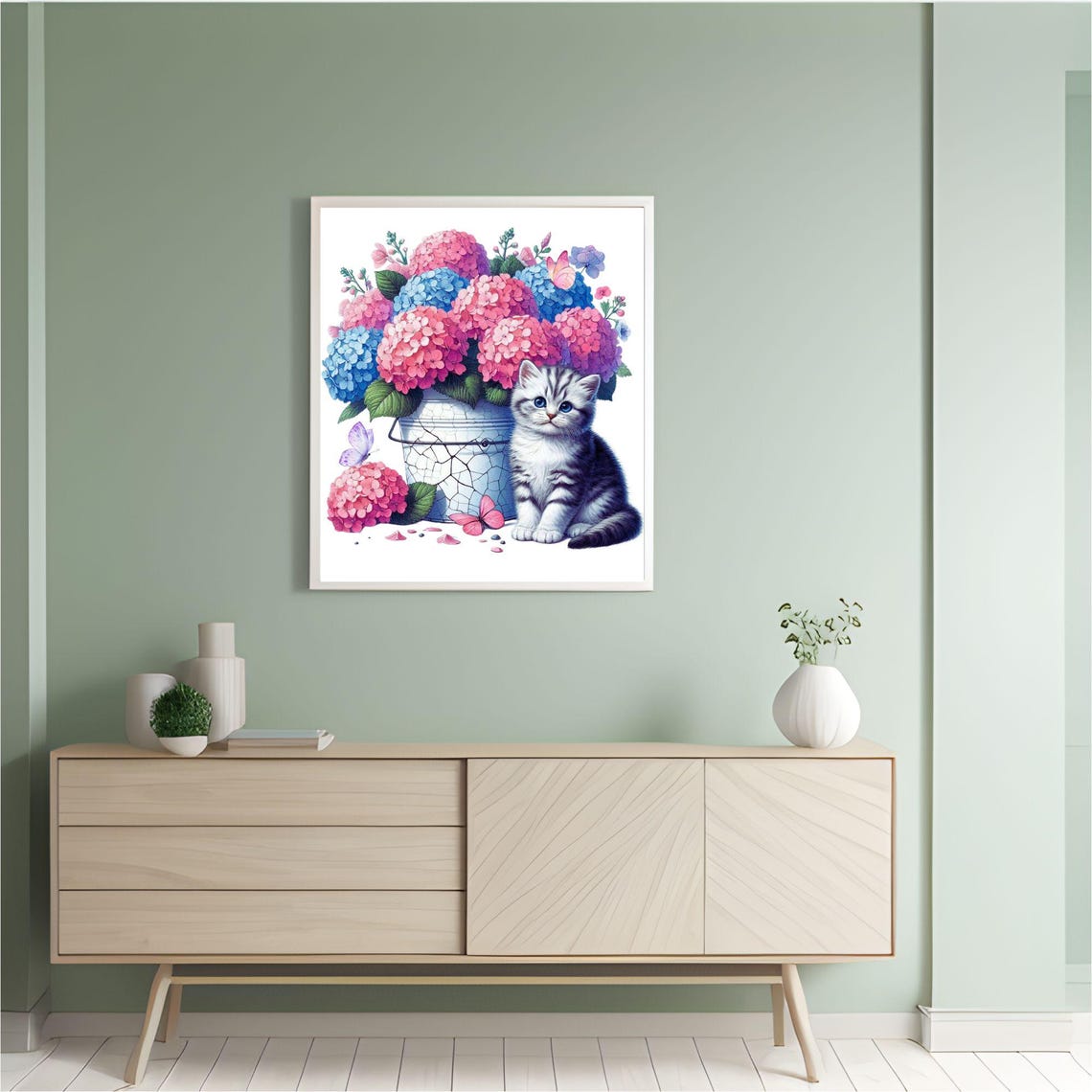Kitten Beside Bucket of Pink and Blue Hydrangeas Floral Poster - Image 3