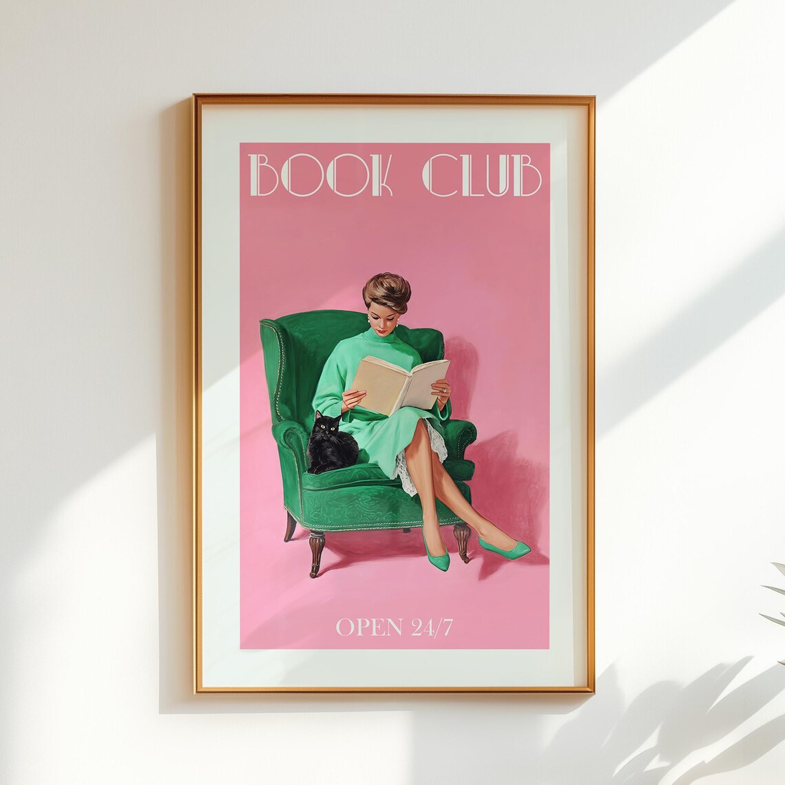Book Club Retro Reading Nook Decor, Cat Lover Art Print