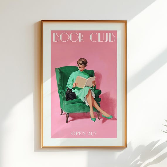 Book Club Retro Reading Nook Decor, Cat Lover Art Print