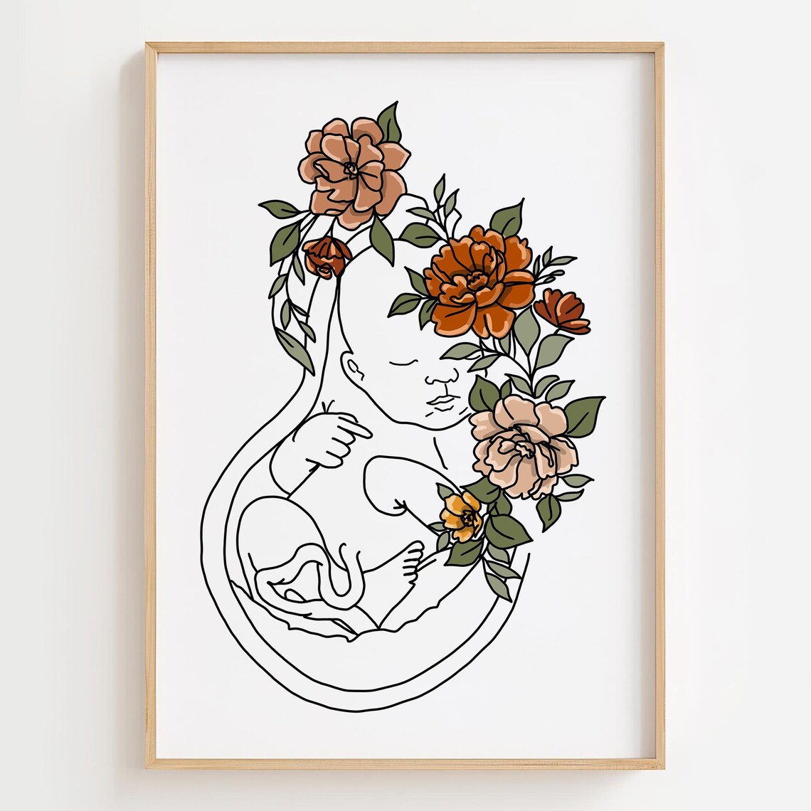 Floral Womb Anatomy Art Print, Flower Fetus Line