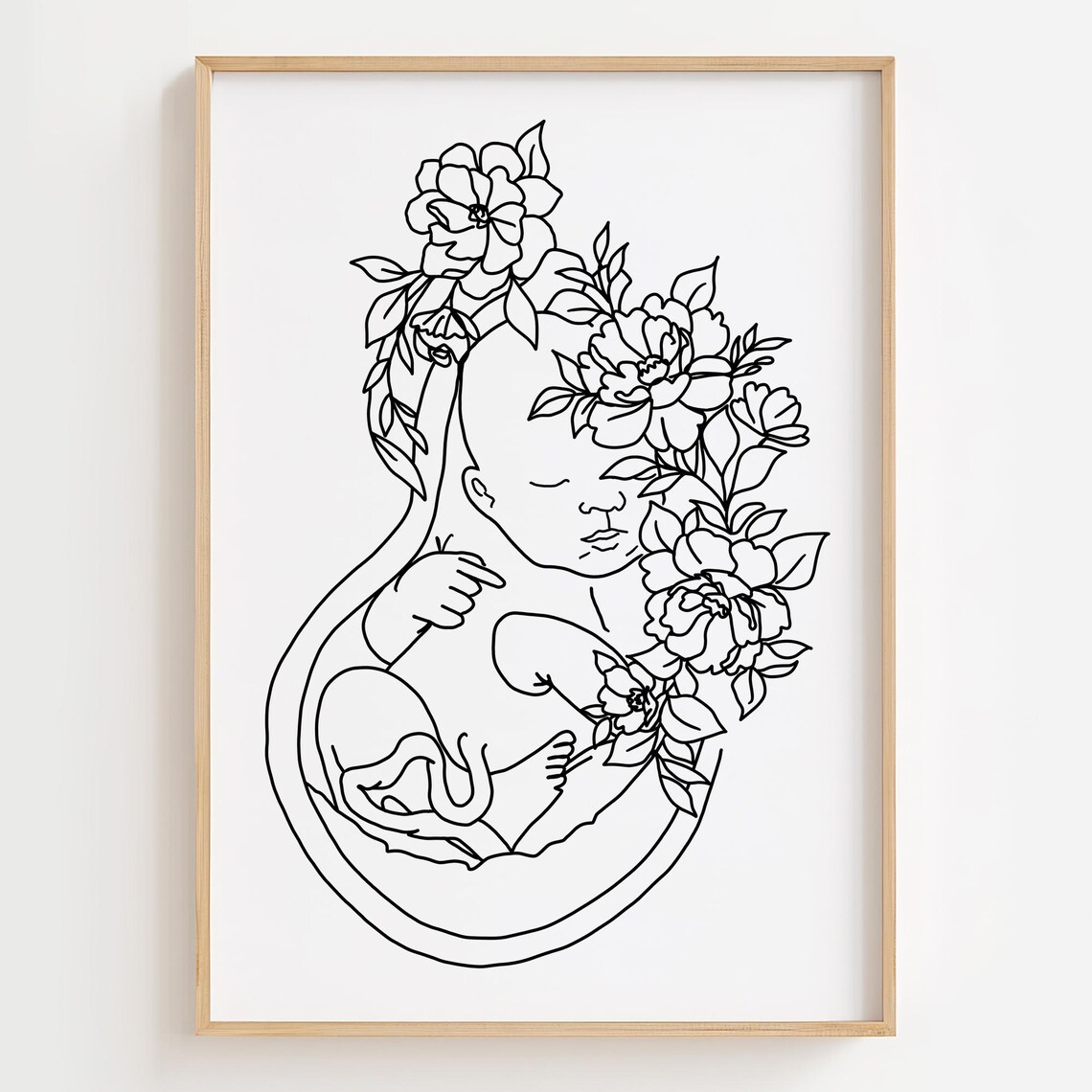 Baby in Womb Floral Line Art Midwife Doula Gift Black White Poster
