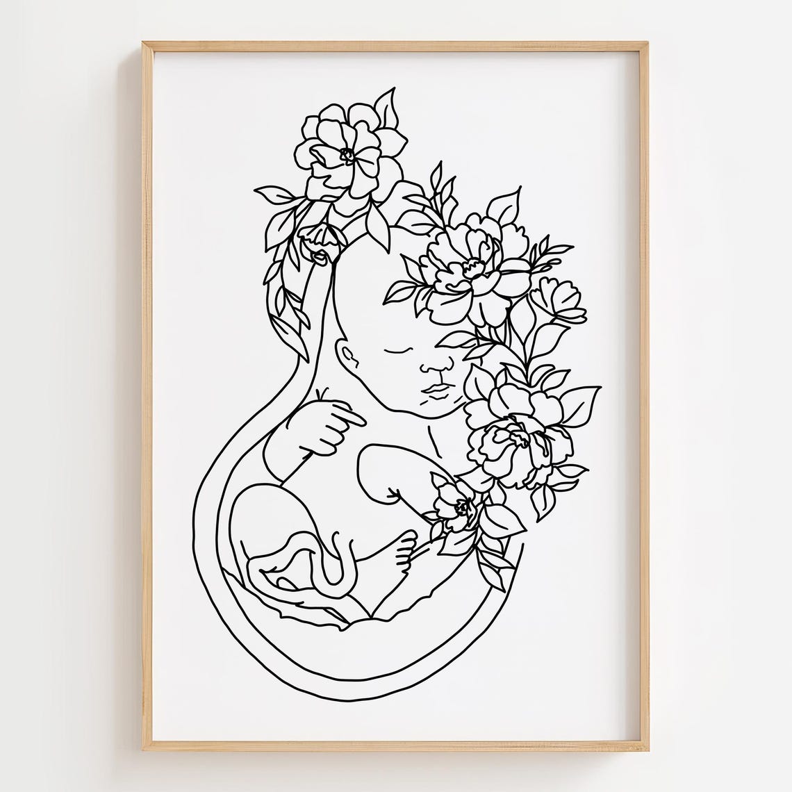 Black White Floral Fetus In Womb Art Midwife Graduation Gift Obgyn Nurse Gynecology Print Pregnant Woman Pregnancy Doula