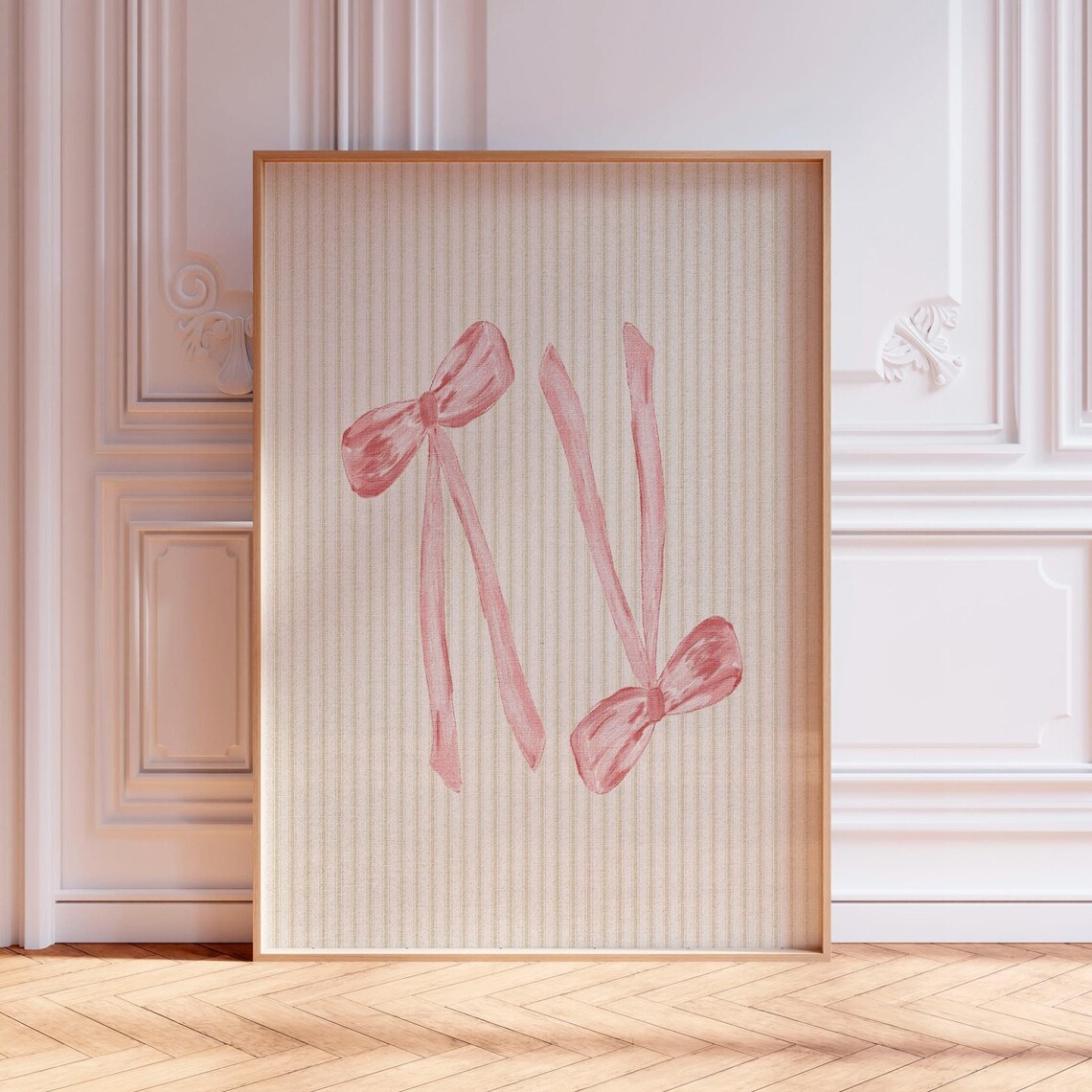 Pink Watercolor Ribbon Bows On Striped Background Art Poster