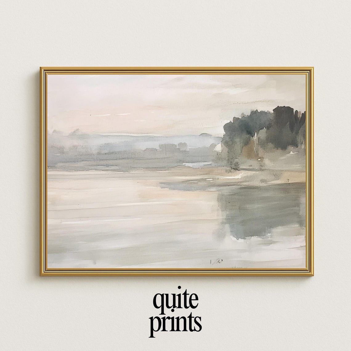 Muted Abstract Lake Watercolor Neutral Treeside Shore Landscape Poster