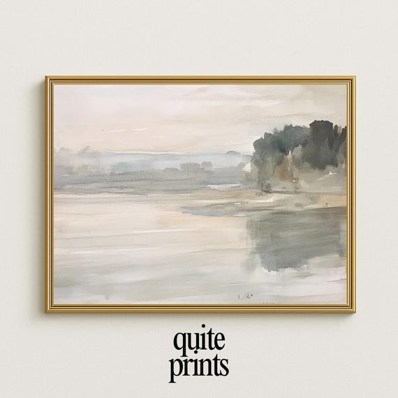 Tranquil Lake Landscape Watercolor Art Print Countryside Wall Decor
