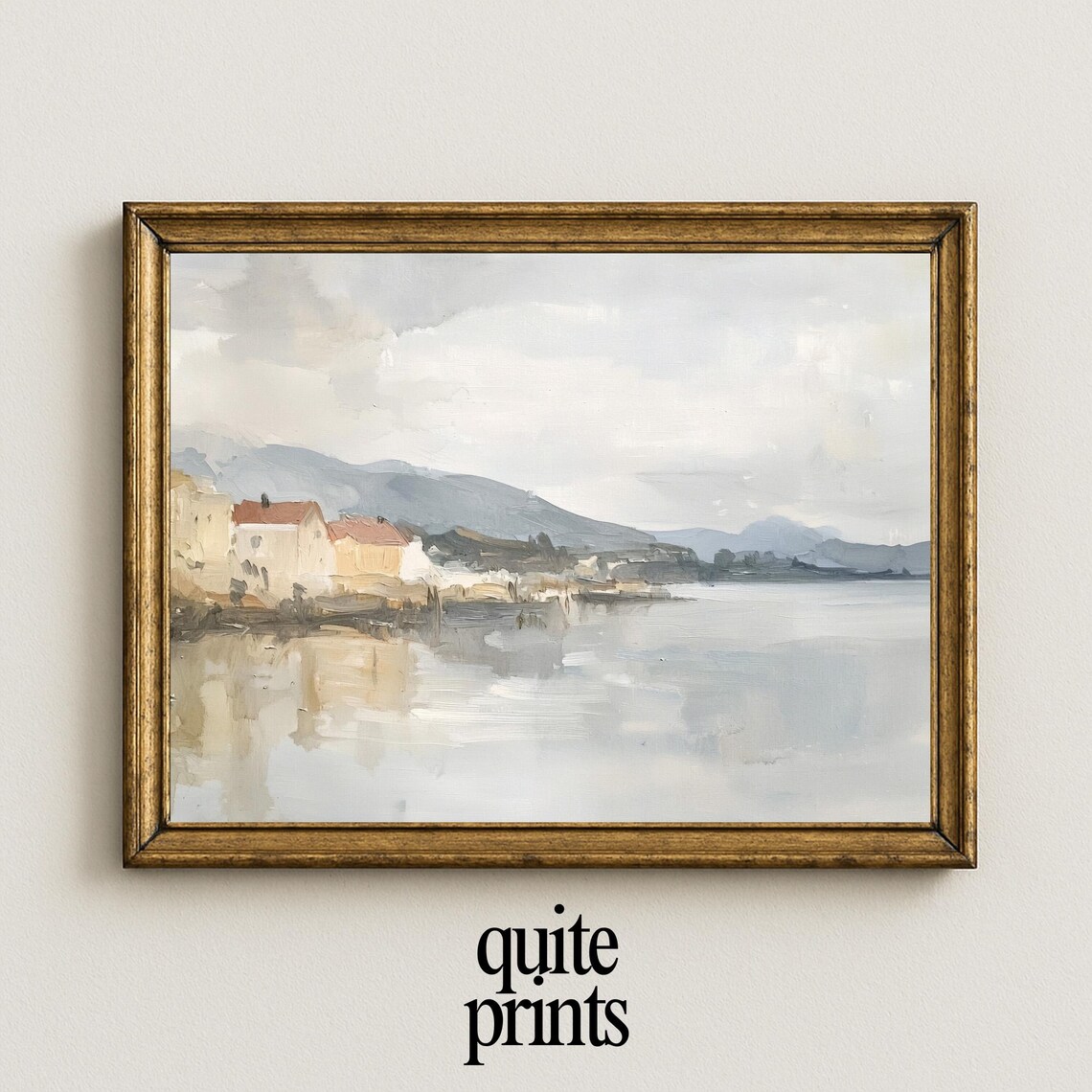Coastal Village Calm Water Red Roofs Mountains Misty Watercolor Seaside Landscape Poster