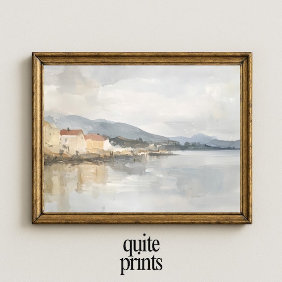 Coastal Village Calm Water Red Roofs Mountains Misty Watercolor Seaside Landscape Poster