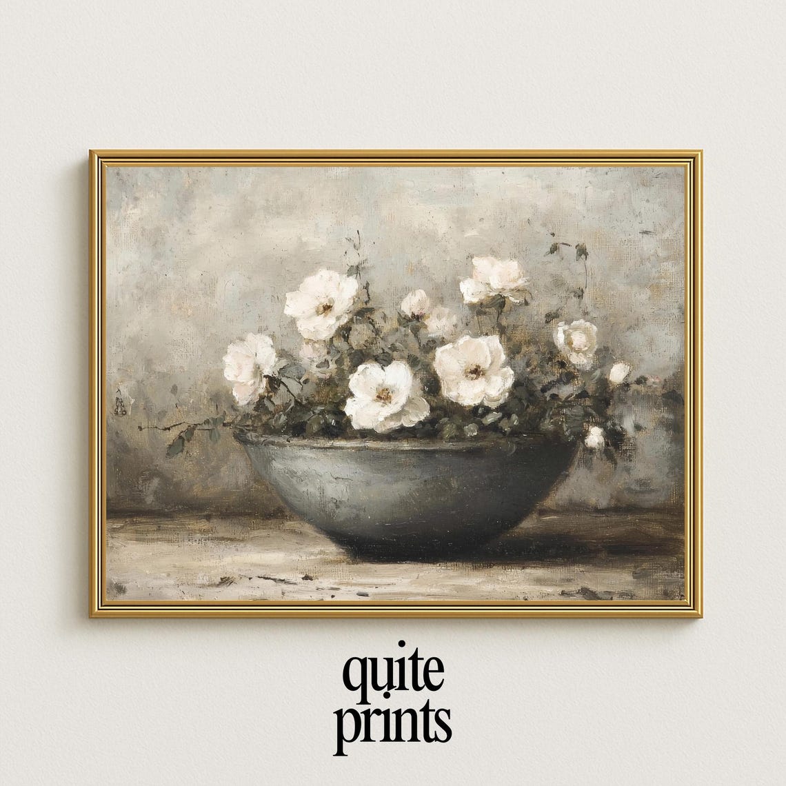 White Roses Dark Bowl Muted Rustic Floral Still Life Oil Poster