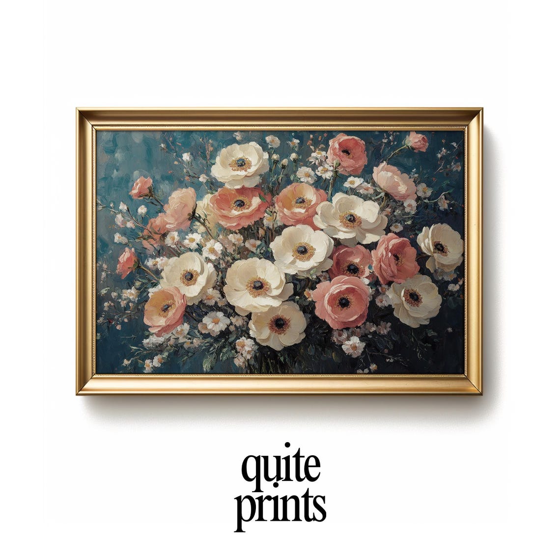 Blush Anemone Bouquet Dark Teal Background Textured Oil Floral Poster