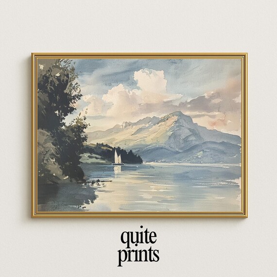 Mountain Lake Sailboat Watercolor Blue Ridge Shore Alpine Scene Poster