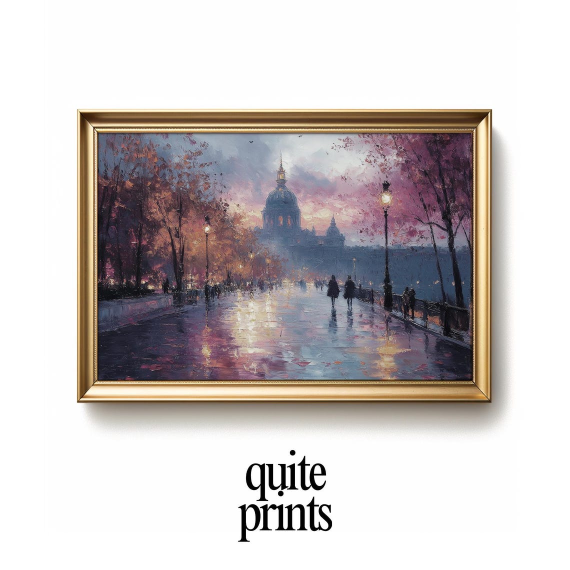 Paris Bridge Dusk Domed Landmark Wet Pavement Reflection City Poster
