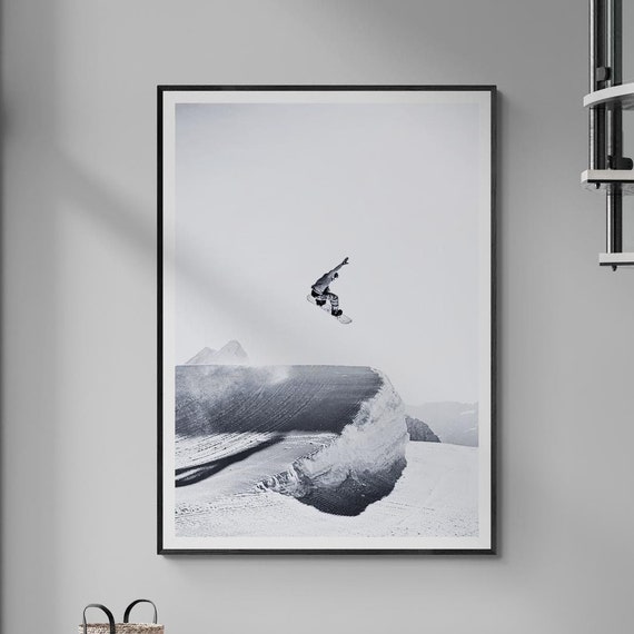 Fine Art Snowboard Mountain Print Snowboarder In Midair Framed Black And White Photography Winter Sports Wall Home Decor