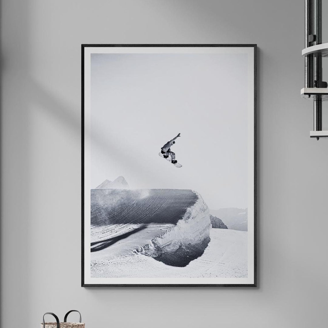 Dramatic Snowboarder Frozen Midair Jump Black and White Sports Poster
