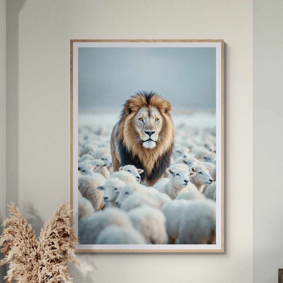 Lion Standing Among a Flock of Sheep Inspirational Wildlife Poster